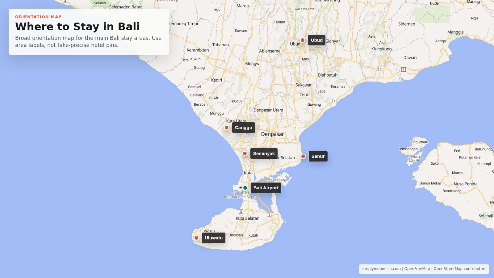 Orientation map showing Bali stay areas including Ubud, Canggu, Seminyak, Sanur, Uluwatu and Bali Airport.