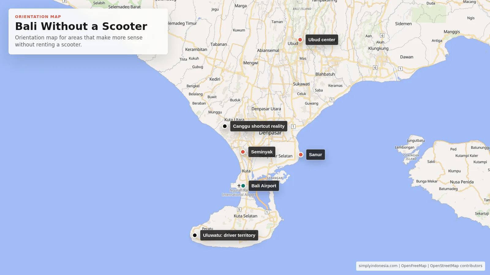 Orientation map showing Bali areas that can work without a scooter.