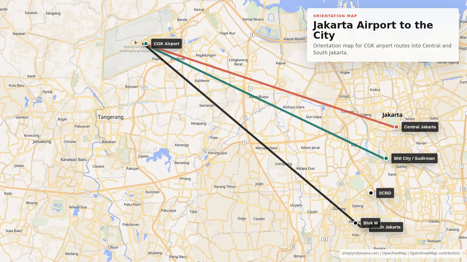 Orientation map showing Jakarta Airport routes toward Central Jakarta, BNI City, SCBD and Blok M.