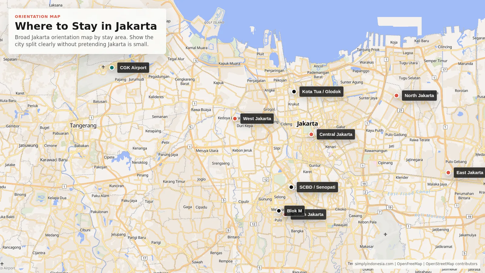 Orientation map showing Jakarta stay areas including Central, South, West, North and East Jakarta.