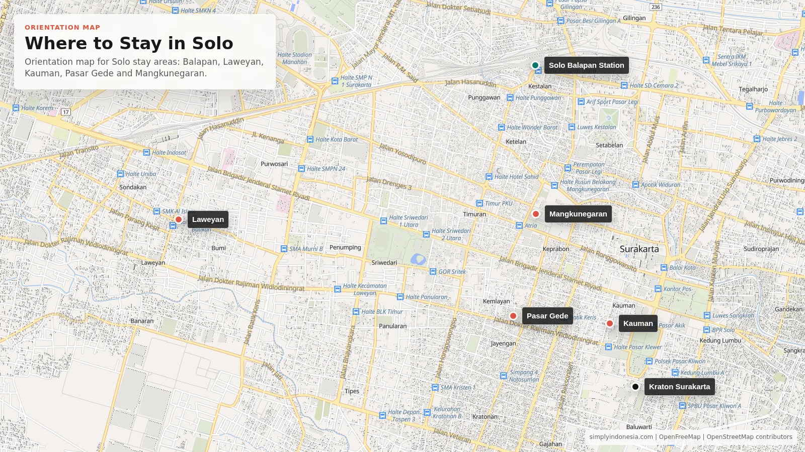 Orientation map showing Solo Balapan Station, Laweyan, Kauman, Pasar Gede, Mangkunegaran and Kraton Surakarta.
