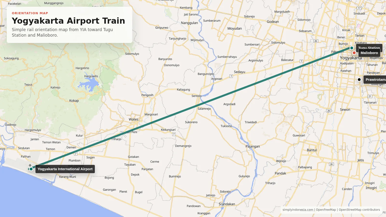 Orientation map showing Yogyakarta International Airport, Tugu Station, Malioboro and Prawirotaman.