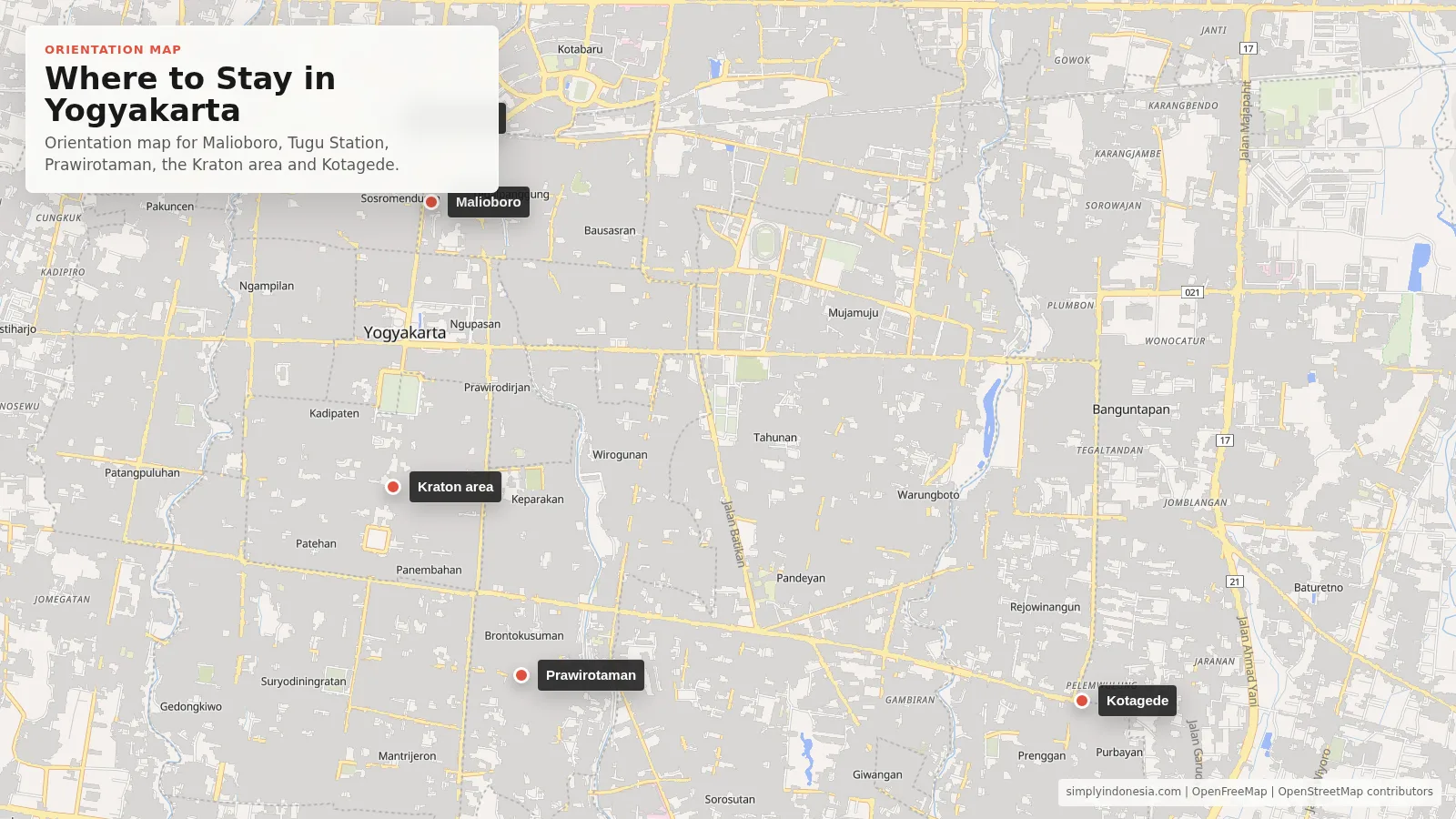 Orientation map showing Malioboro, Tugu Station, Prawirotaman, Kraton area and Kotagede.