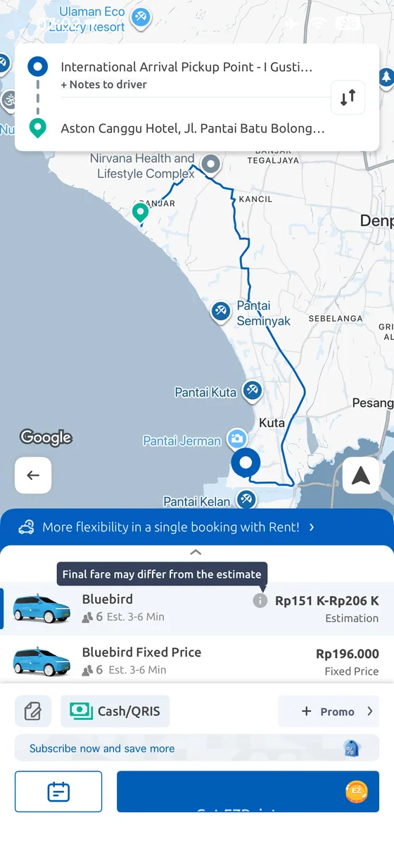 MyBluebird app quote from Bali Airport to Aston Canggu showing estimated and fixed price options.