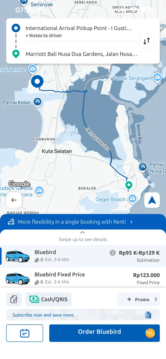 MyBluebird app quote from Bali Airport to Marriott's Bali Nusa Dua Gardens showing estimated and fixed price options.