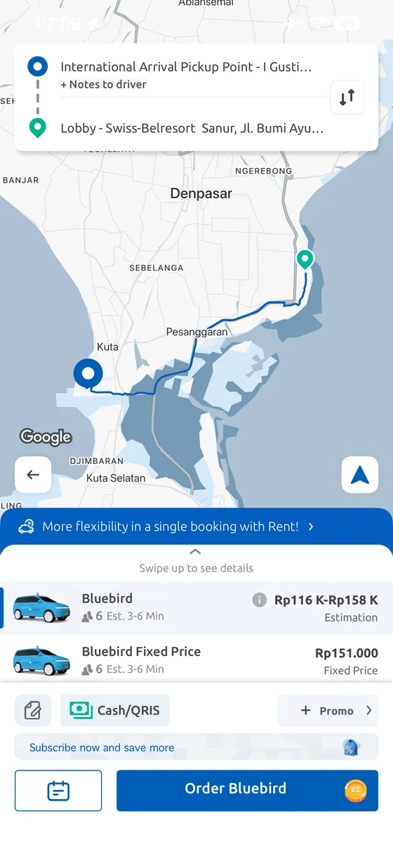 MyBluebird app quote from Bali Airport to Swiss-Bel Sanur showing estimated and fixed price options.