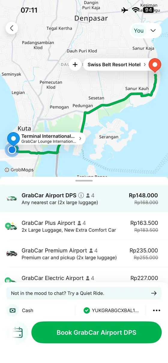 Grab app quote from Bali Airport to Swiss-Bel Sanur showing airport ride categories.