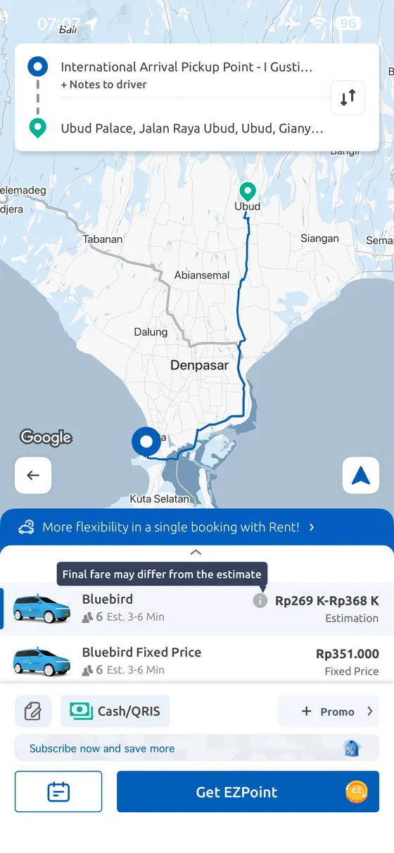 MyBluebird app quote from Bali Airport to Ubud Palace showing estimated and fixed price options.