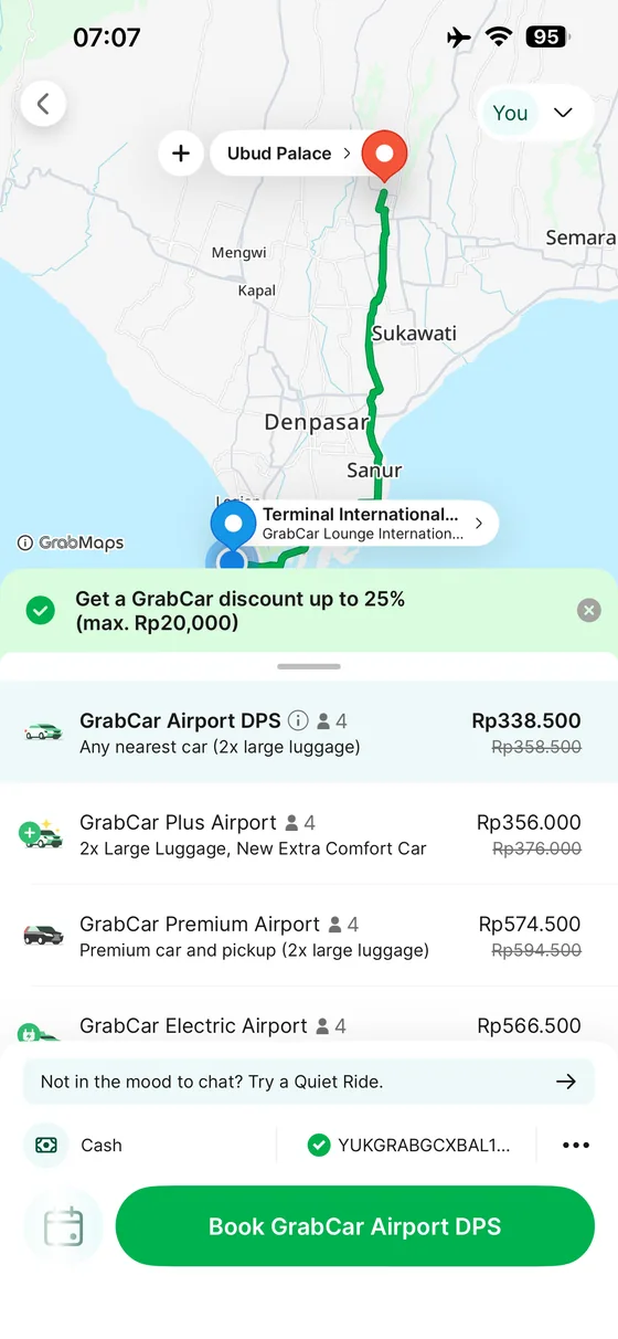 Grab app quote from Bali Airport to Ubud Palace showing airport ride categories.