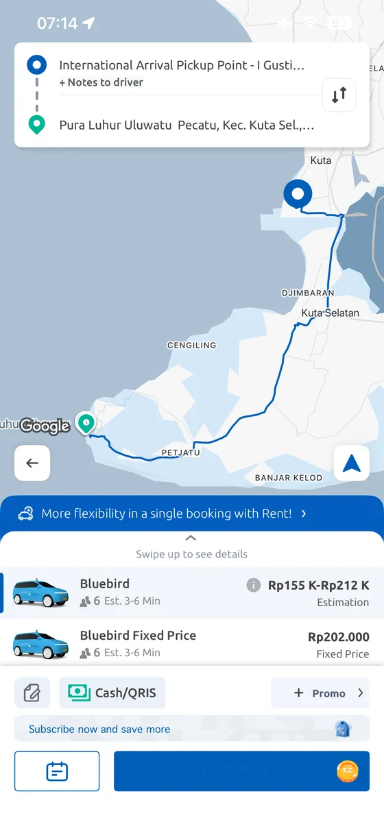 MyBluebird app quote from Bali Airport to Uluwatu Temple showing estimated and fixed price options.