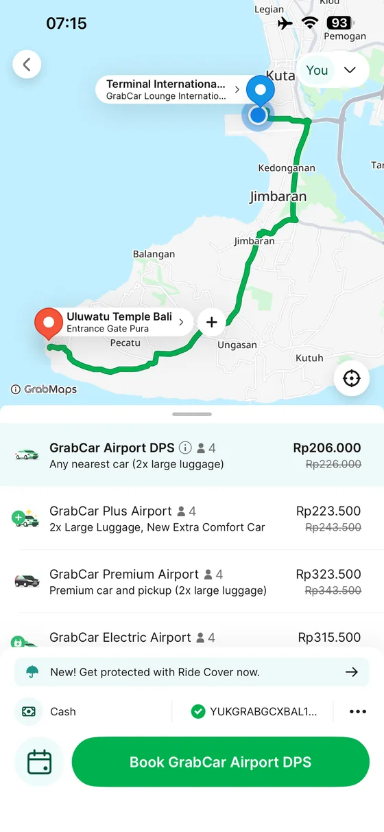 Grab app quote from Bali Airport to Uluwatu Temple showing airport ride categories.