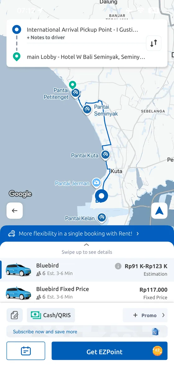 MyBluebird app quote from Bali Airport to W Seminyak showing estimated and fixed price options.