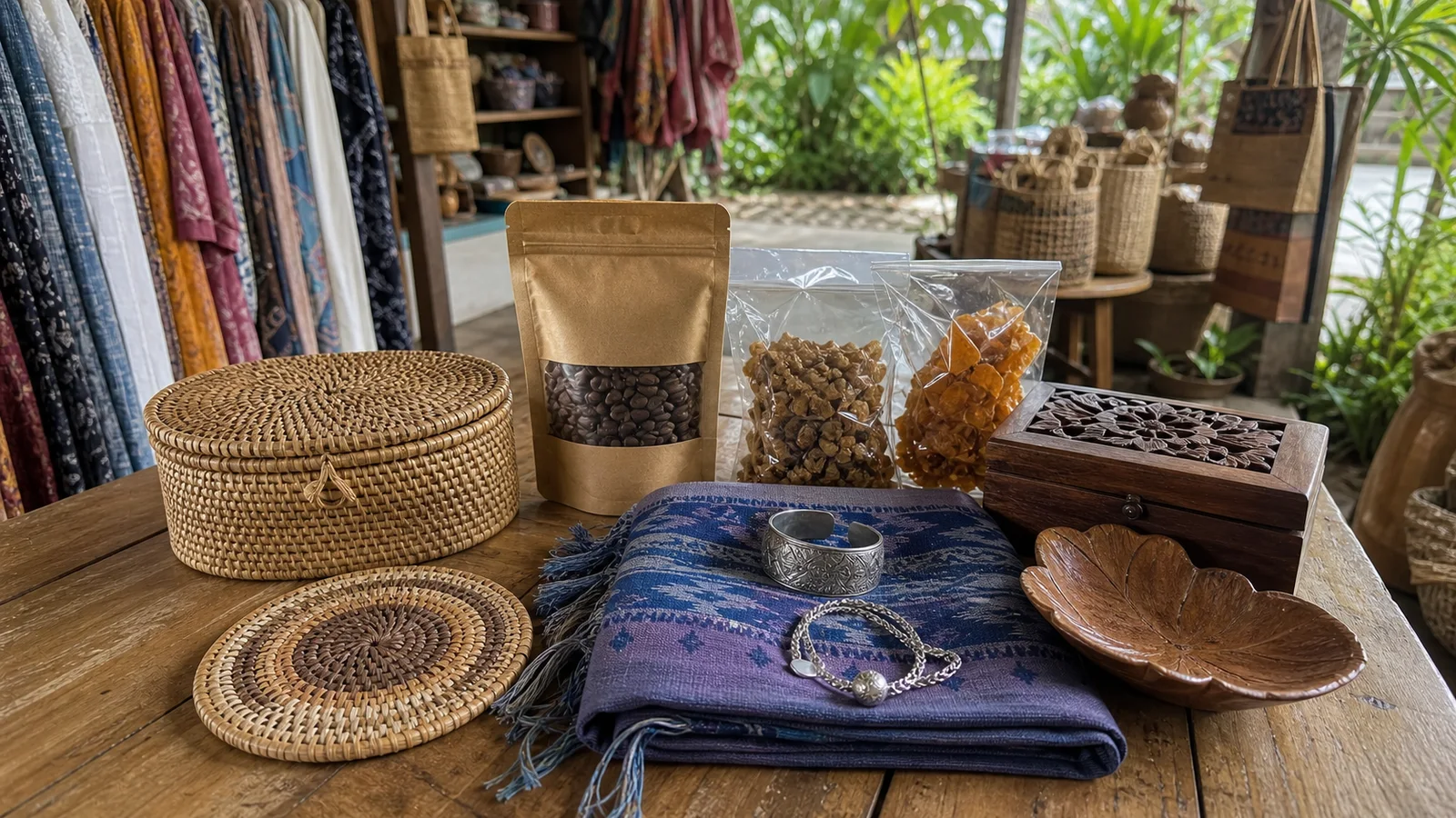 Bali souvenirs including textiles, coffee, baskets, silver and wood craft on a market table